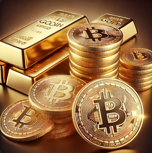 Bitcoin gold coins, and regular gold bars in a lavish display